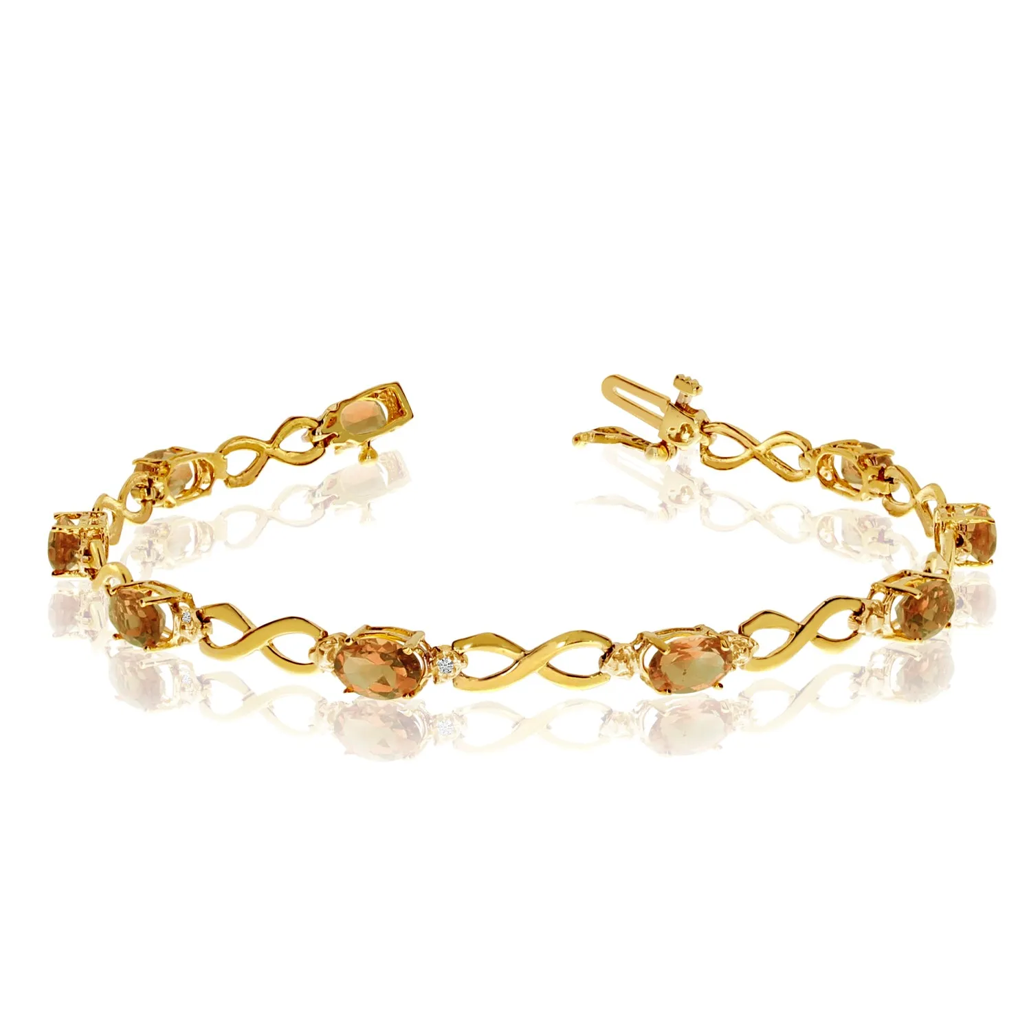 10K Yellow Gold Oval Citrine Stones And Diamonds Infinity Tennis Bracelet, 7"