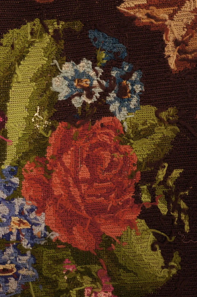 Antique Needlepoint Tablecloth or Table Cover Fringed Rose Flower Pattern 46”