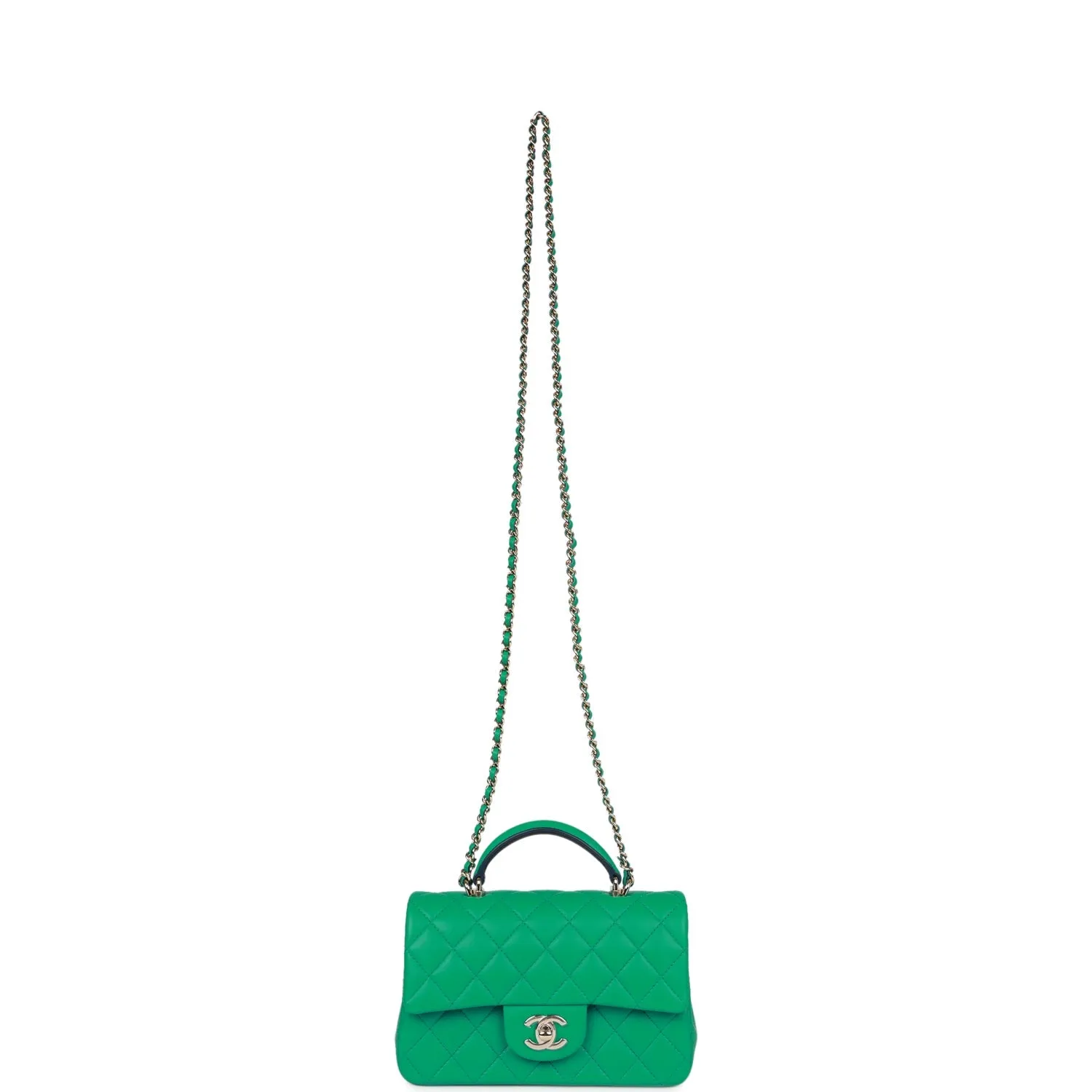 Chanel Mini Rectangular Flap with Top Handle Green and Navy Blue Lambskin Light Gold Hardware