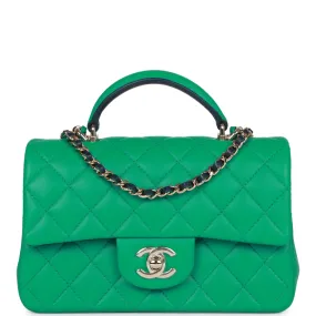 Chanel Mini Rectangular Flap with Top Handle Green and Navy Blue Lambskin Light Gold Hardware