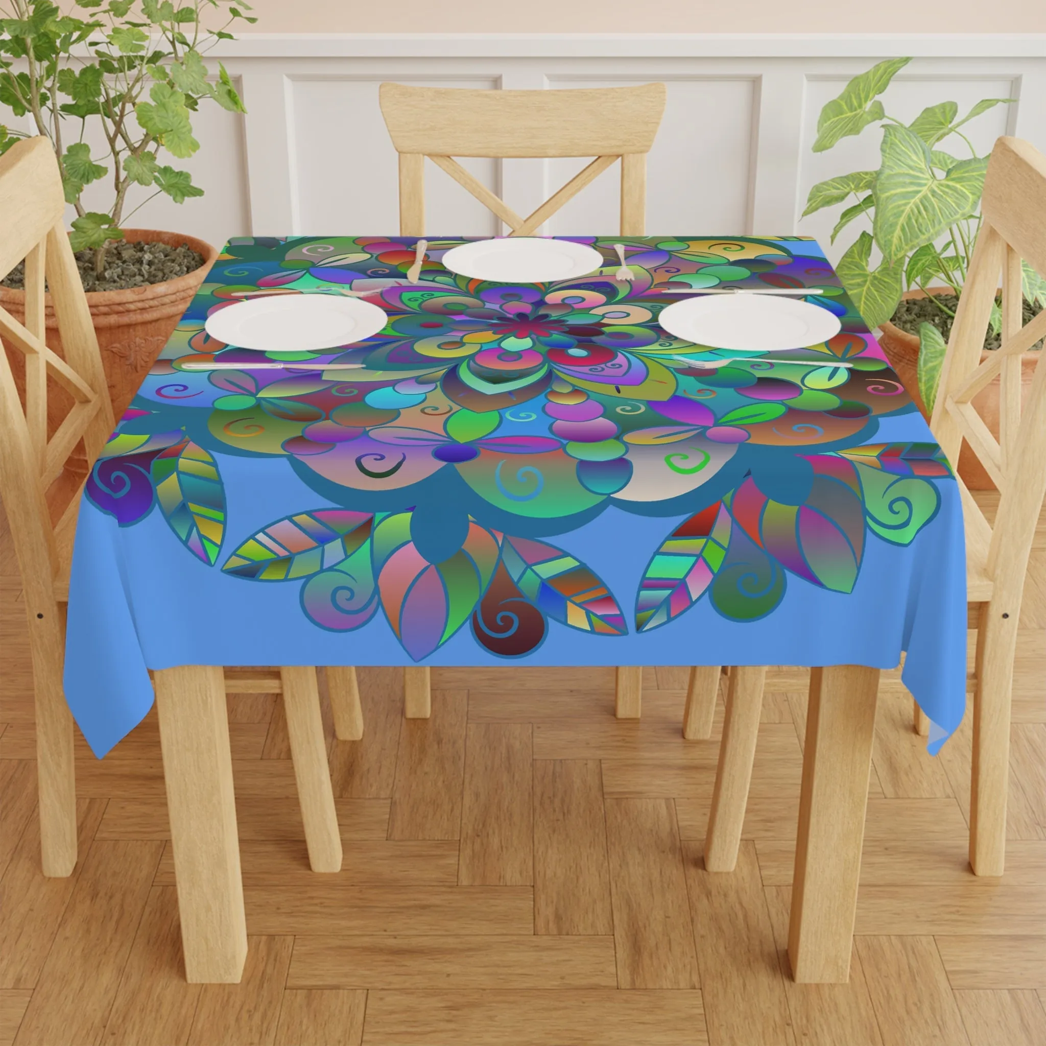 Handmade Mandala Design Tablecloth, Light Blue Square