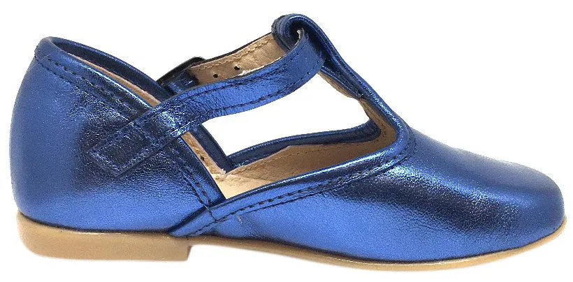 Hoo Shoes Chloe's Bright Cobalt Blue Metallic T-Strap Adjustable Buckle Mary Jane Flats