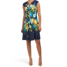 London Times Women's Floral Print Split Neck Fit & Flare Mini Dress