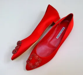 Manolo Blahnik Hangisi Red Satin Red Rhinestone Buckle Flats Strass Shoes