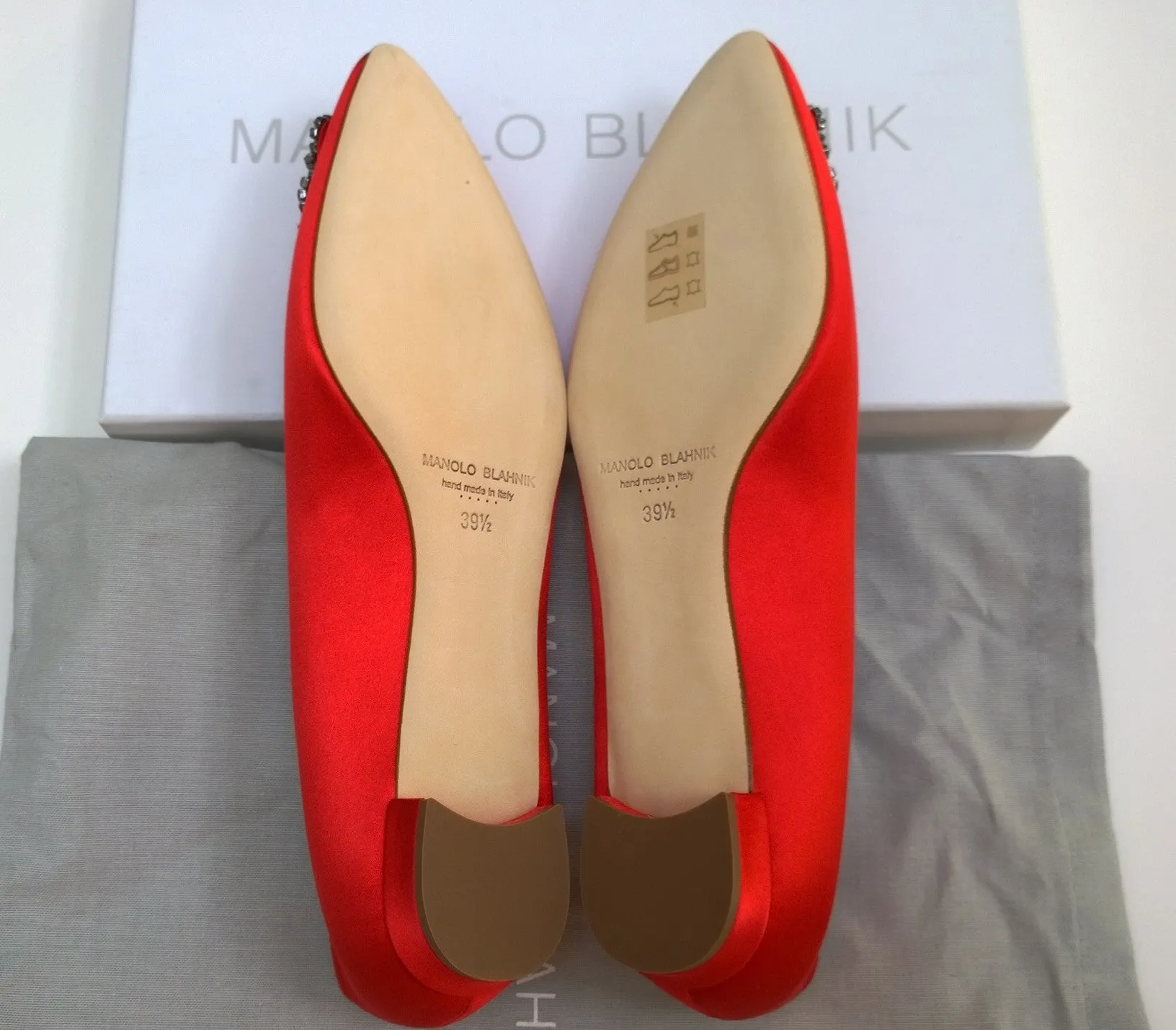 Manolo Blahnik Hangisi Red Satin Red Rhinestone Buckle Flats Strass Shoes