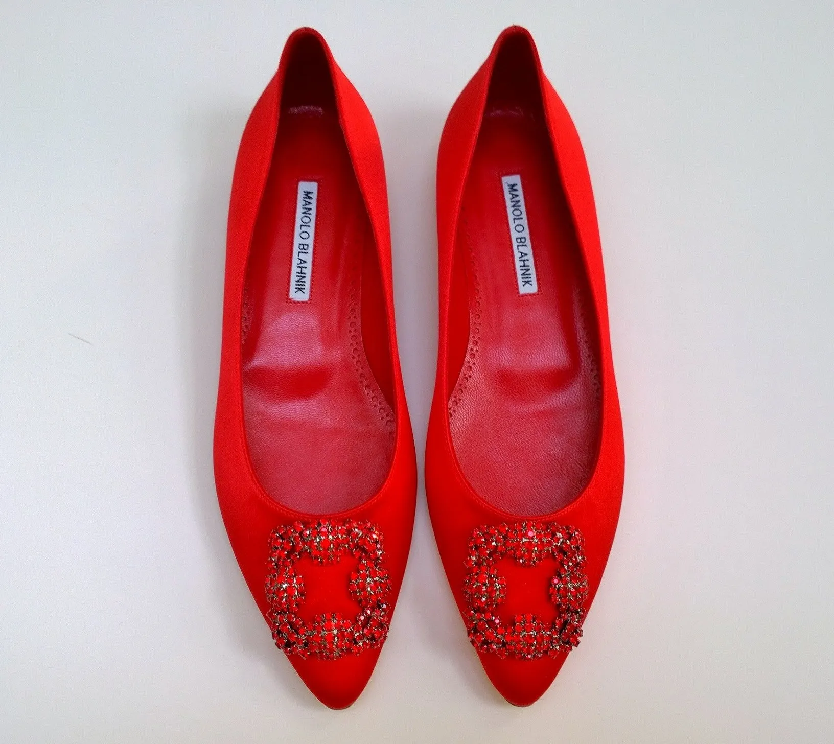 Manolo Blahnik Hangisi Red Satin Red Rhinestone Buckle Flats Strass Shoes