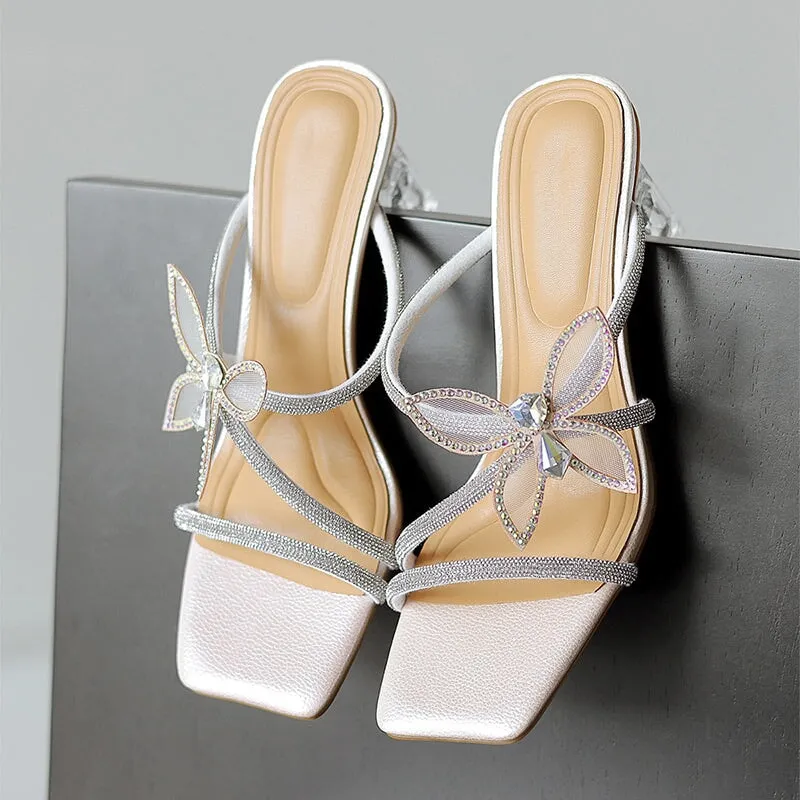 Sweet Crystal-embellishment Butterfly Detail Leather Slippers 75mm Block Heel in Silver/Pink